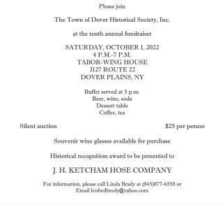 Town of Dover Historical Society Annual Fundraiser, Oct. 1st from 4 to 7 p.m. at Tabor Wing House in Dover Plains