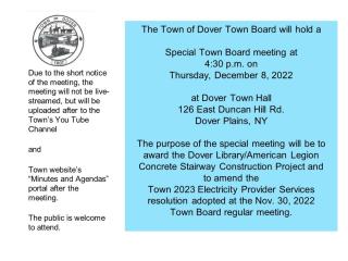 Town of Dover Town Board Special Meeting on Thursday, December 8, 2022 at 4:30 p.m. at Dover Town Hall 