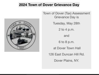 2024 Town of Dover (Tax) Assessment Grievance Day- Tuesday, May 28th from 2 to 4 and 6 to 8 p.m. at Dover Town Hall 