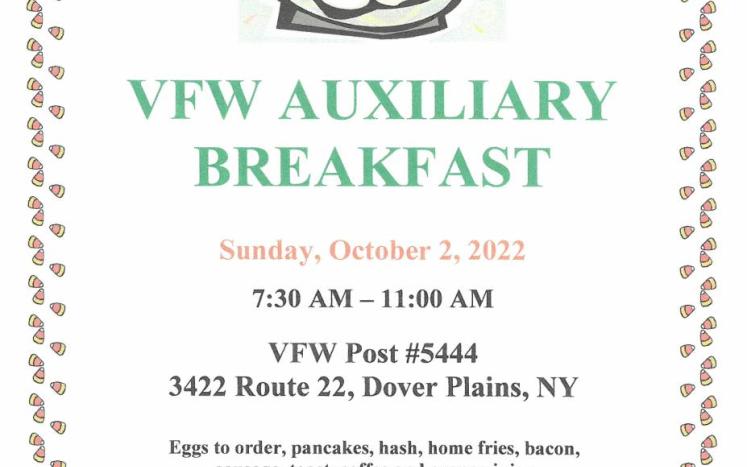 VFW Post 5444 Auxiliary Breakfast on Sunday, October 2, 2022 from 7:30 to 11 a.m.
