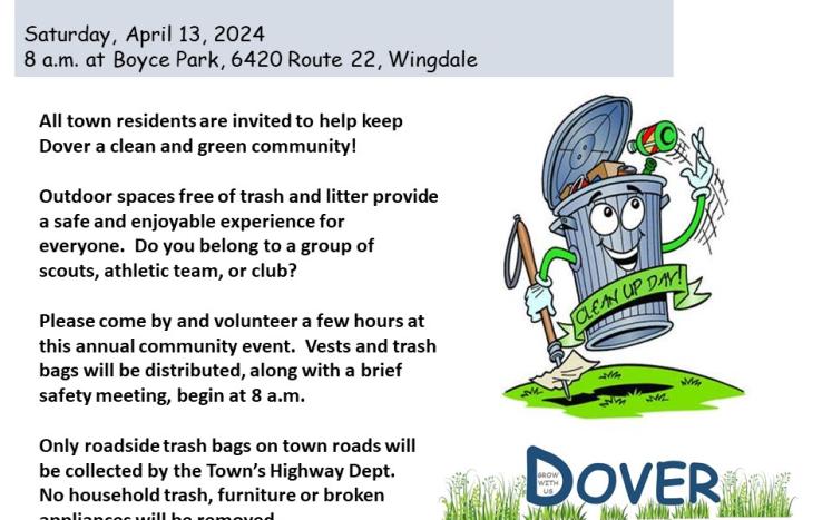 Town of Dover Annual Clean-up and Community Beautification Day- Saturday, April 13th starting at 8 a.m. at Boyce Park 