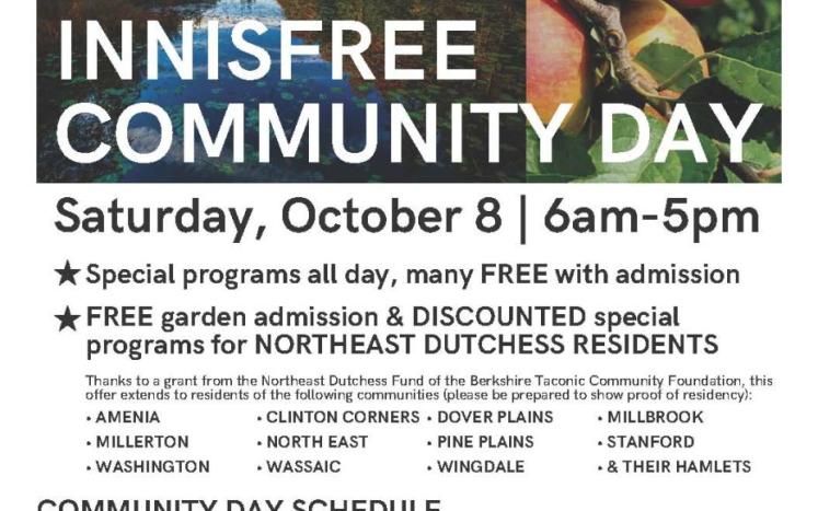 Innisfree Community Day- Saturday, Oct. 8 from 6 a.m. to 5 p.m.(362 Tyrrel Rd., Millbrook, NY)