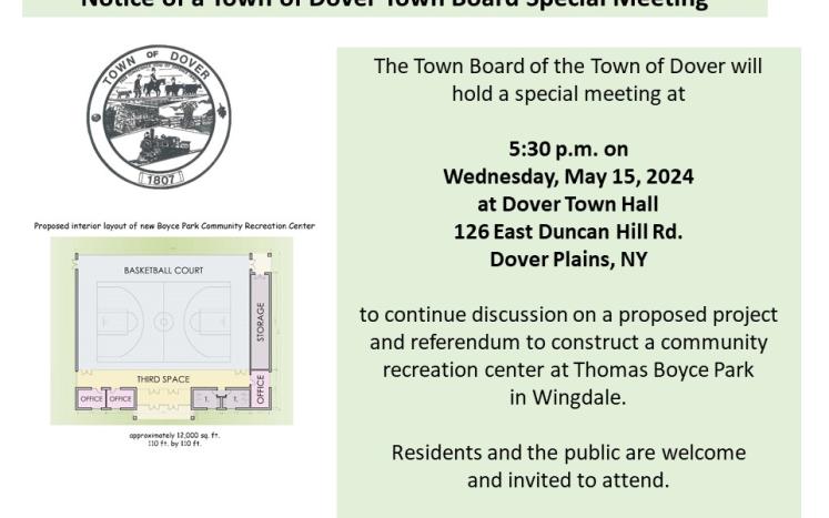 Town Board Special Meeting-Wednesday, May 15, 2024 at 5:30 p.m at Dover Town Hall 