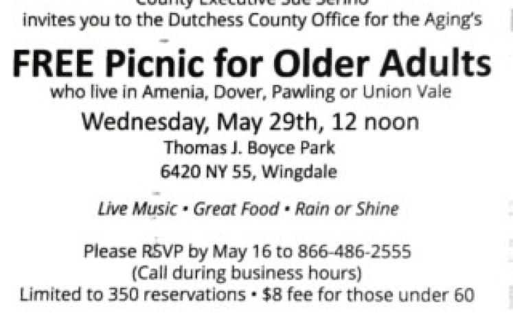 Annual Office for Aging Senior Picnic on May 29 at noon at Boyce Park in Wingdale 