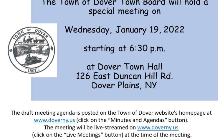January 19, 2022 Town Board Special Meeting at 6:30 p.m. at Dover Town Hall