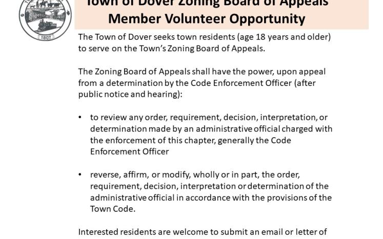 Town of Dover Seeks Residents Interested in Serving on the Town's Zoning Board of Appeals (ZBA)